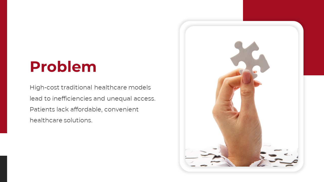 Problem slide with a red title, text on the left, and a framed image of a hand holding a puzzle piece on the right.