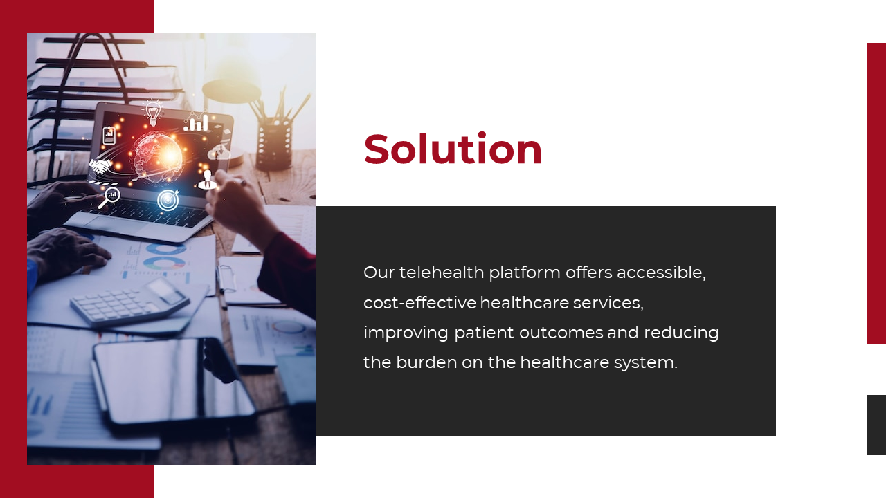 Solution slide with a black text box, red title, and an image of a laptop displaying a glowing digital network.