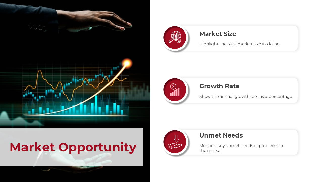 Business themed slide with a stock market graph, a glowing trendline, and three white boxes with red icons on the right.