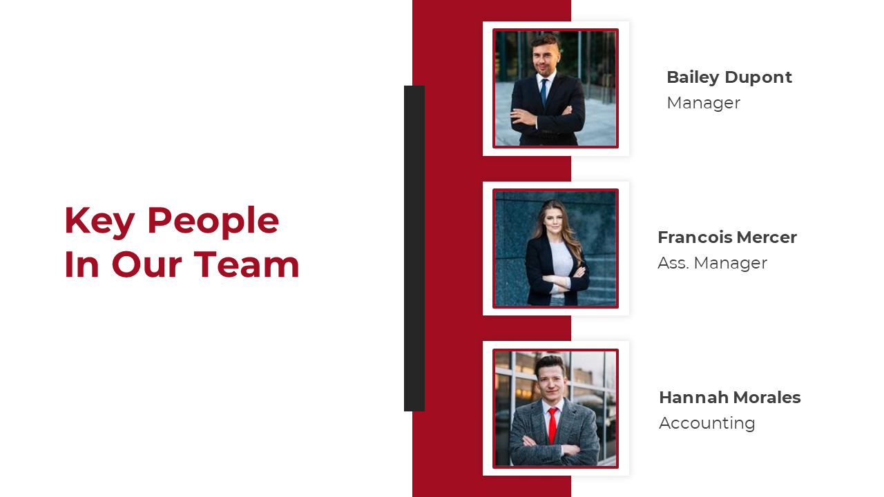 Team introduction slide with a red vertical bar, showing three framed profile images, and bold text on a white background.