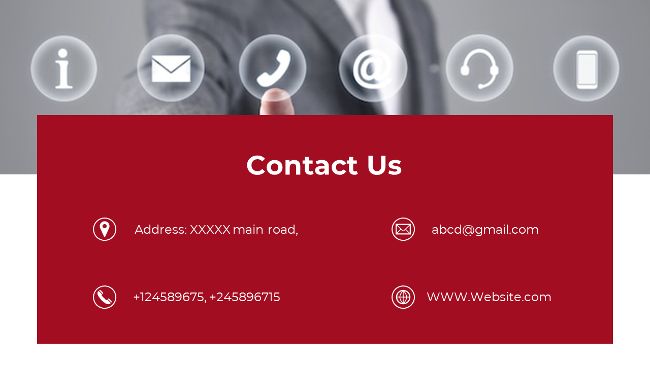 Red box with white contact details over a blurred background of a businessperson pointing at floating circular icons.