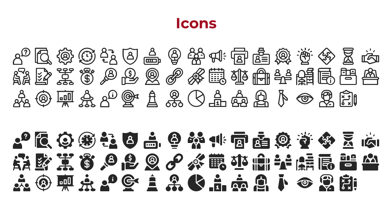 Collection of business and technology icons in two different line thickness styles, arranged under a bold red heading.