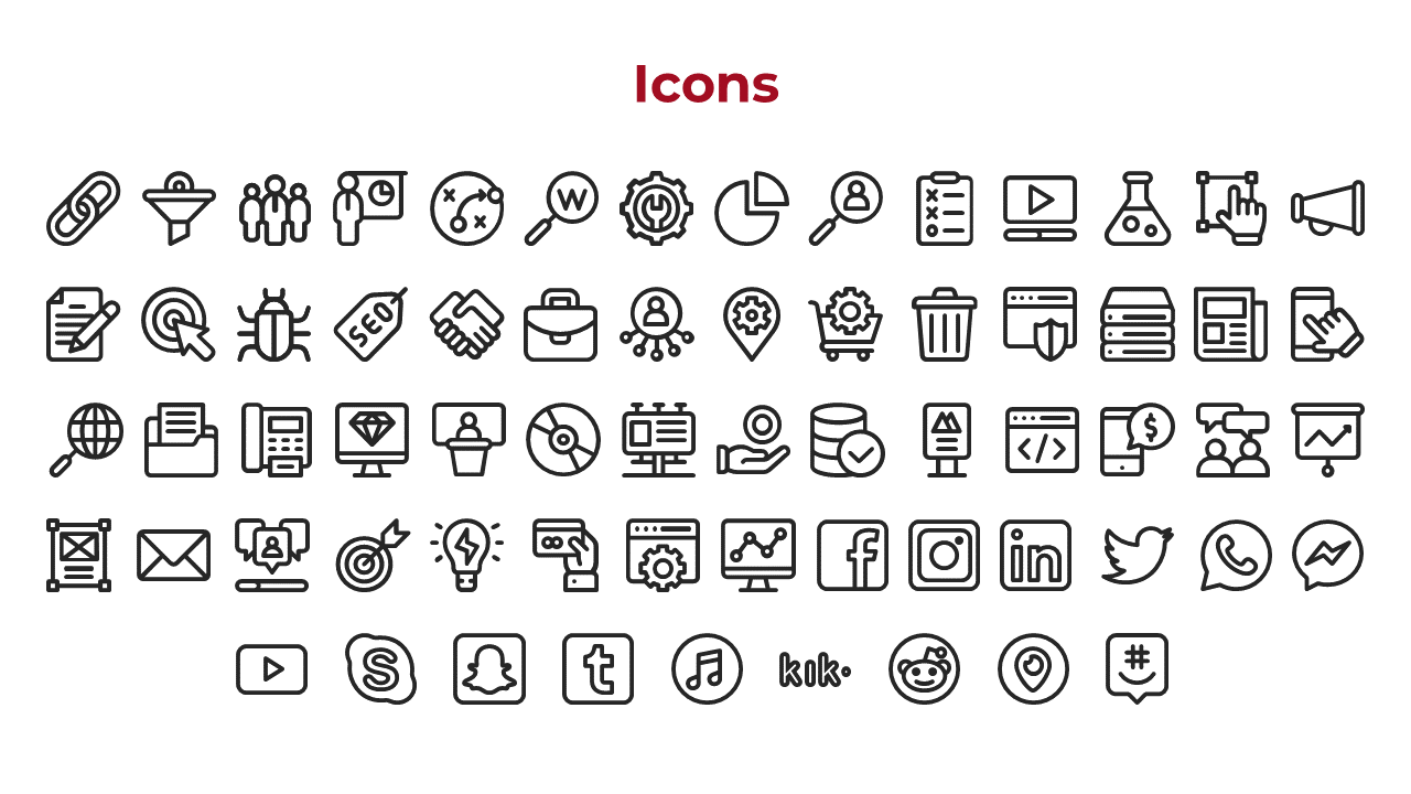 Collection of black outline style icons arranged in a grid under a bold red heading on a white background.