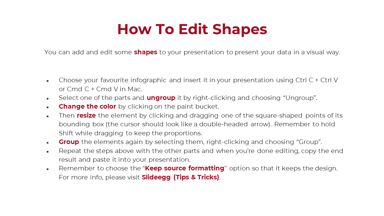 White background tutorial slide explaining shape editing techniques in PowerPoint, with bold red key terms.