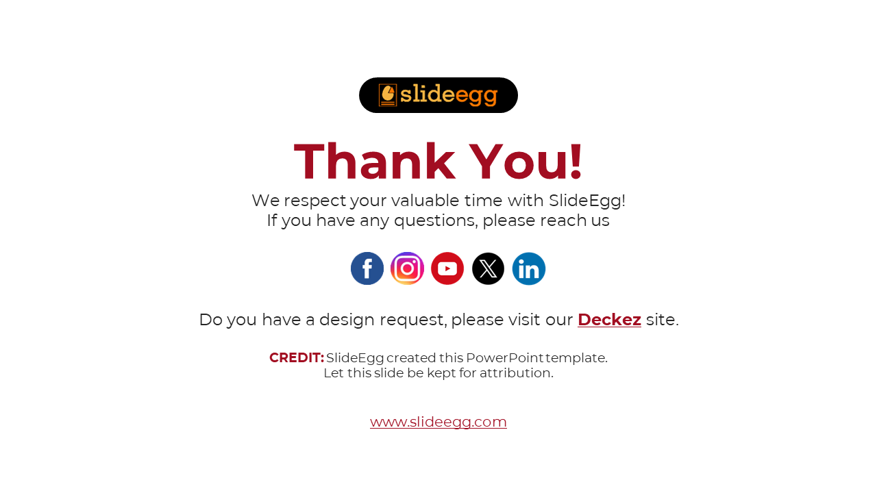 Thank you slide with a SlideEgg logo, red bold text, social media icons, and a website link on a white background.
