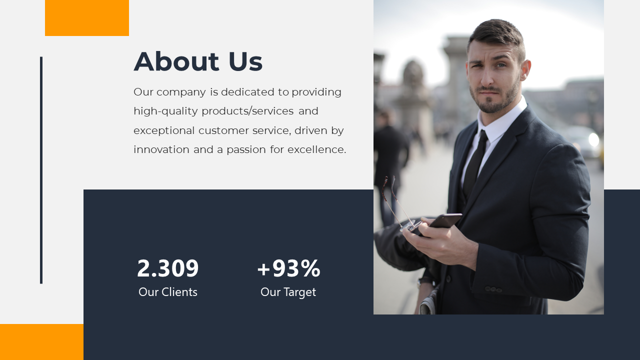 About us slide featuring a business individual with a dark blue and orange design, highlighting numbers and percentage.