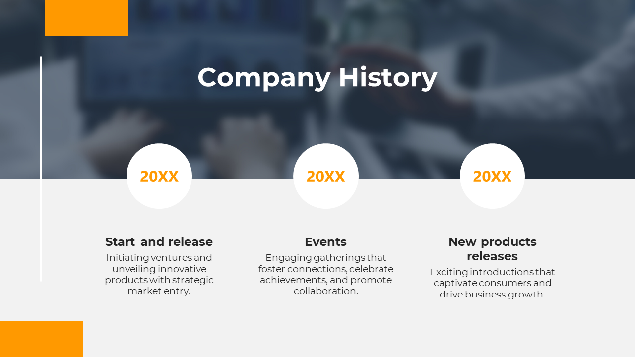 Slide depicting the history of a company with three milestone dates inside white circular markers with orange accents.
