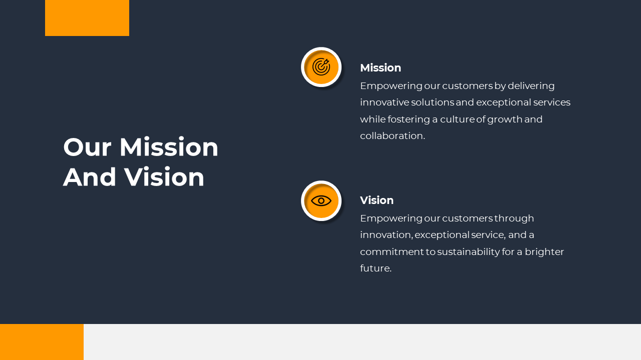 Mission and vision statement slide with two icons and descriptions, accented by orange, on dark blue background.