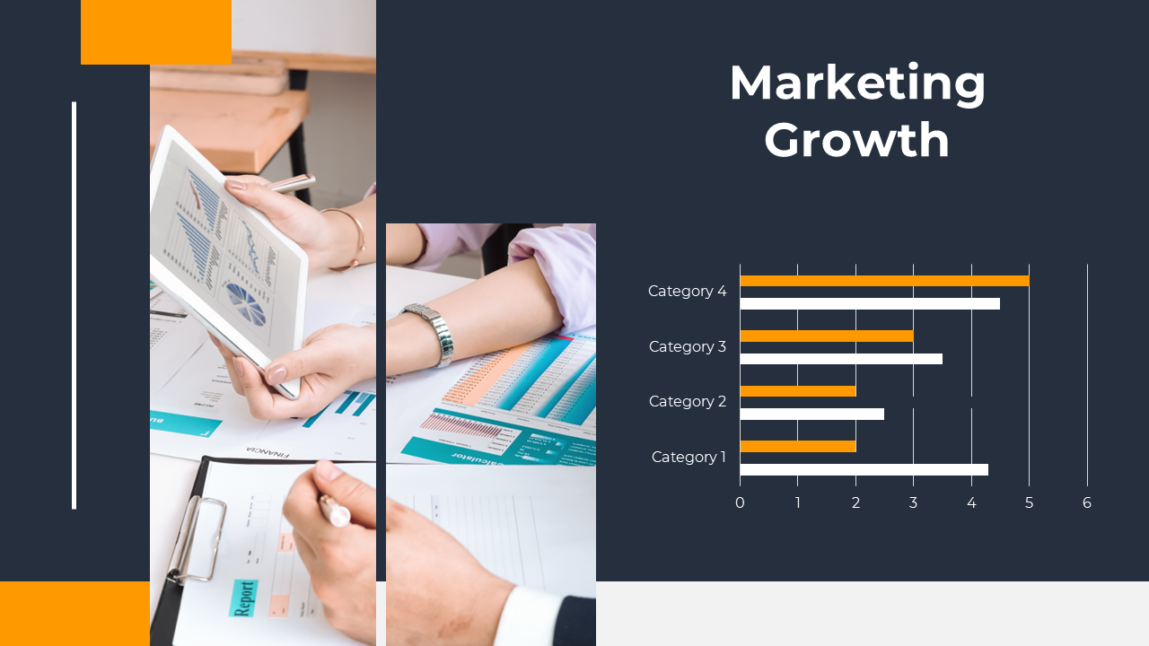 Marketing growth slide featuring horizontal bar chart data with orange and white accents, and a tablet showing reports.