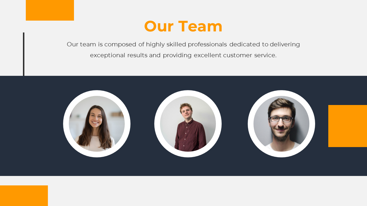 Three team member portraits in round frames on a dark background, with orange color accents in a professional layout.