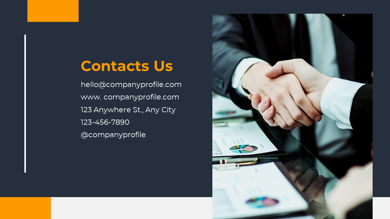 Contact information layout on dark background with a handshake image, accented with orange and white elements.