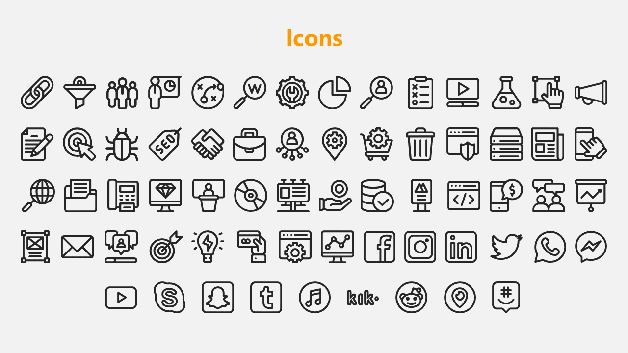 Set of black outline icons arranged in a grid with an orange title, covering business, social media, and technology symbols.