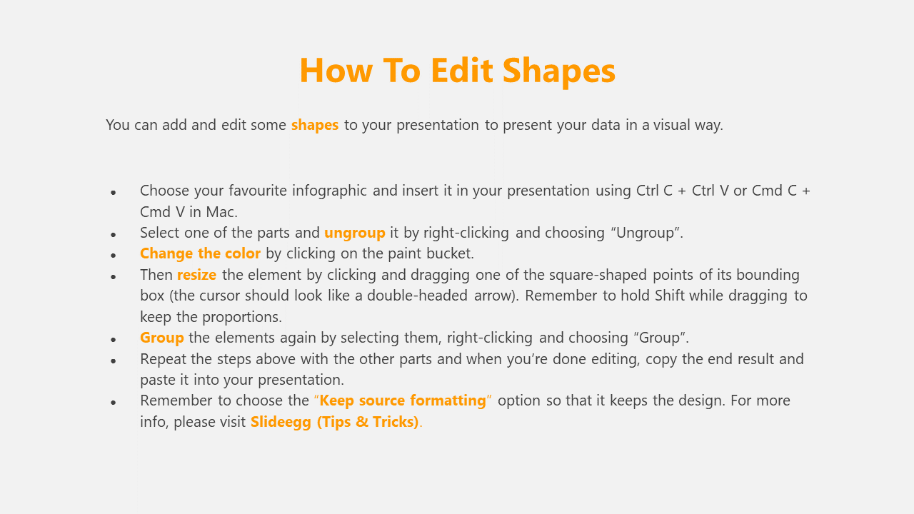 PowerPoint with a white background, bold orange title, and step by step bullet points explaining shape editing.