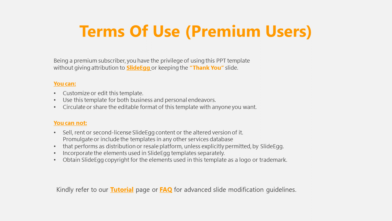 Slide displaying terms of use for premium users, featuring bold orange text for emphasis and a footer with additional links.