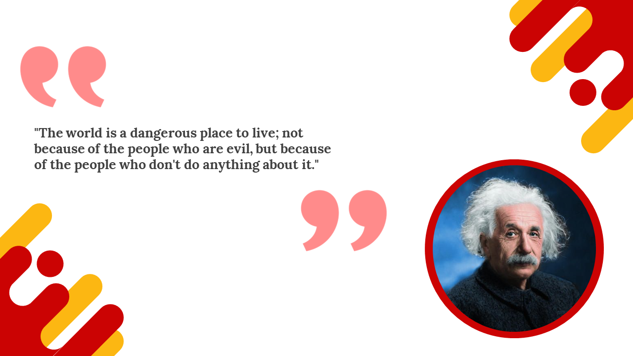 Slide with yellow and red abstract shapes, featuring a circular portrait of a person and a thoughtful quote.