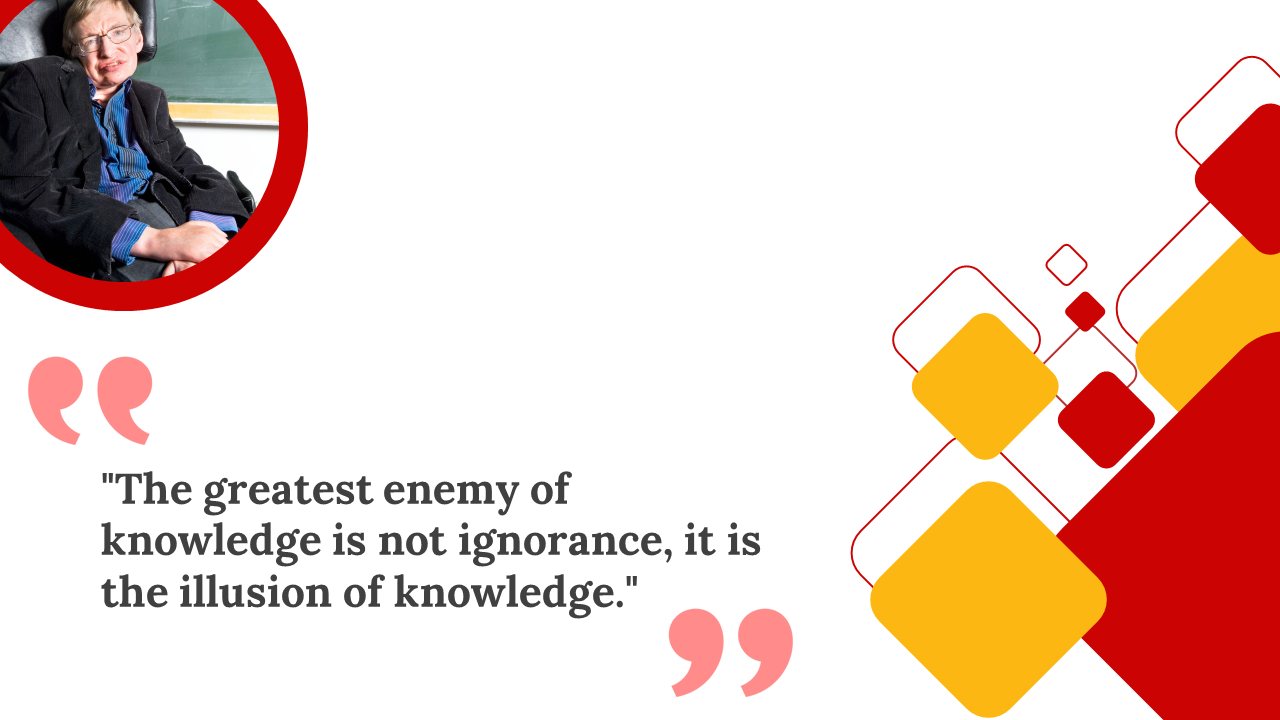 Slide with a red and yellow geometric design, featuring a circular image of a person and a thought provoking quote.