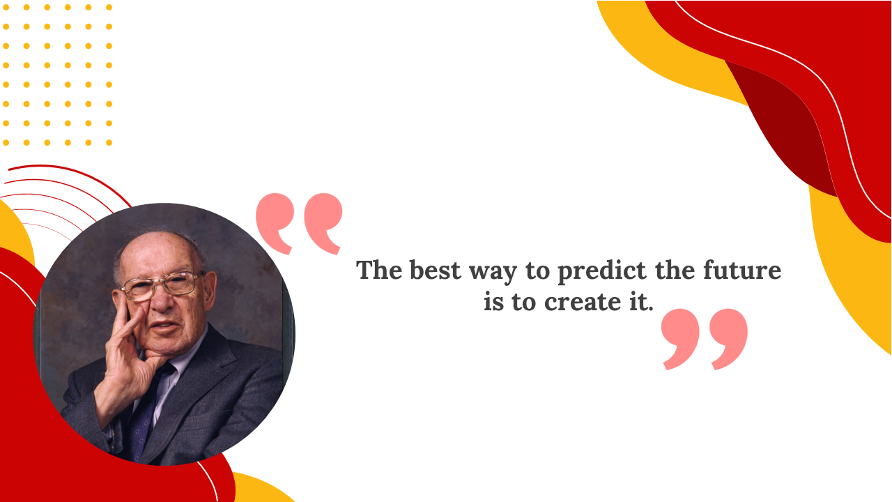 Slide with a photo of a person in a round frame, surrounded by red and yellow waves, with a powerful quote in gray.