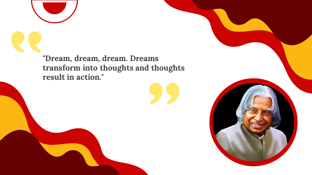 Slide with red, yellow, and orange wavy shapes, featuring a famous quote and a smiling person photo in a circular frame.