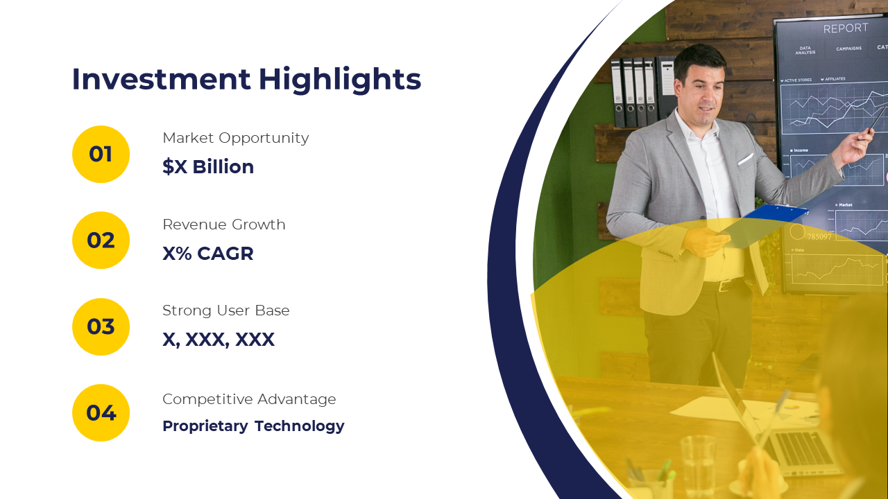 Slide with four numbered yellow sections listing investment highlights and an image of a person discussing business metrics.