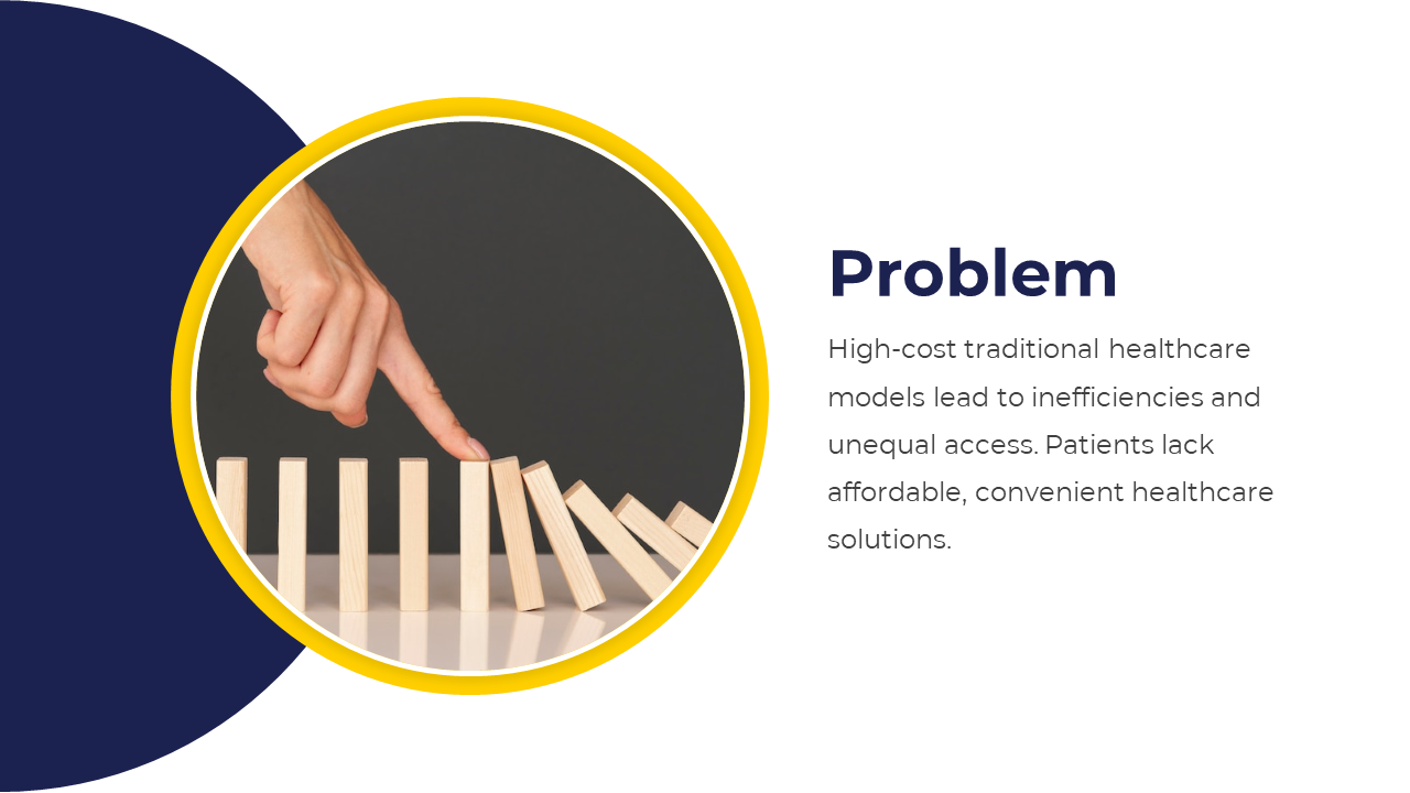 Problem slide with a hand tipping over wooden blocks in a circular yellow frame, paired with a description in dark blue text.