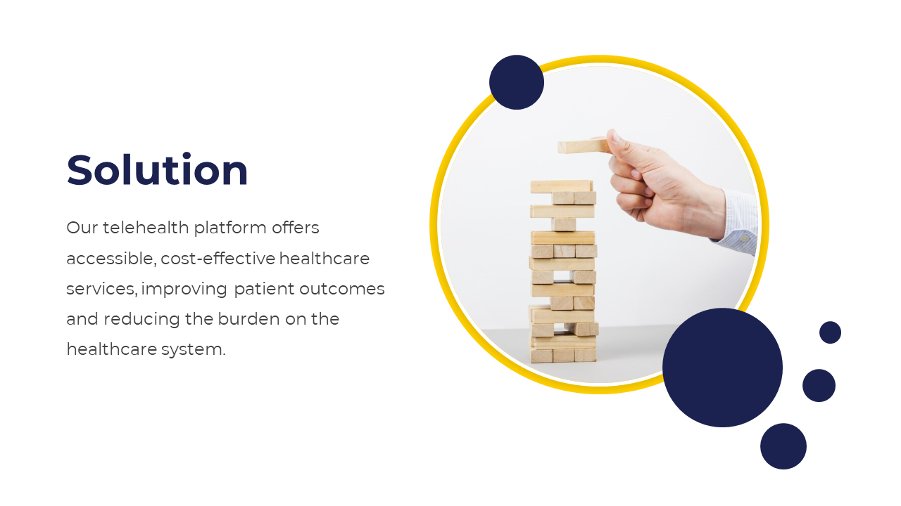 Solution slide with a hand stacking wooden blocks in a circular yellow frame, and descriptive text in dark blue accents.