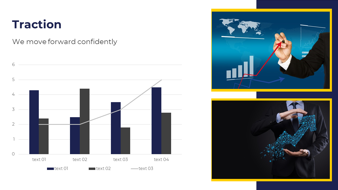 Slide with a bar chart in blue and gray, flanked by two images of professionals working with growth data in yellow frames.