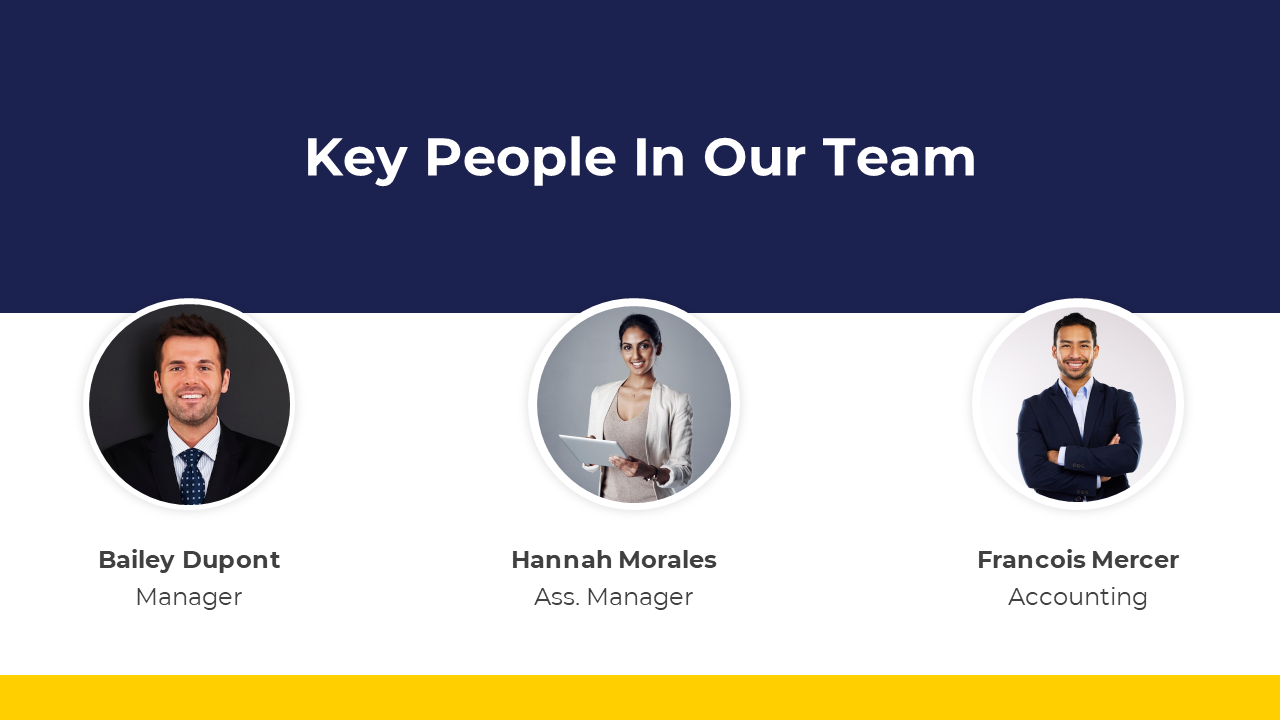 Team introduction slide with round portraits of three professionals and their job titles, on a dark blue and yellow design.