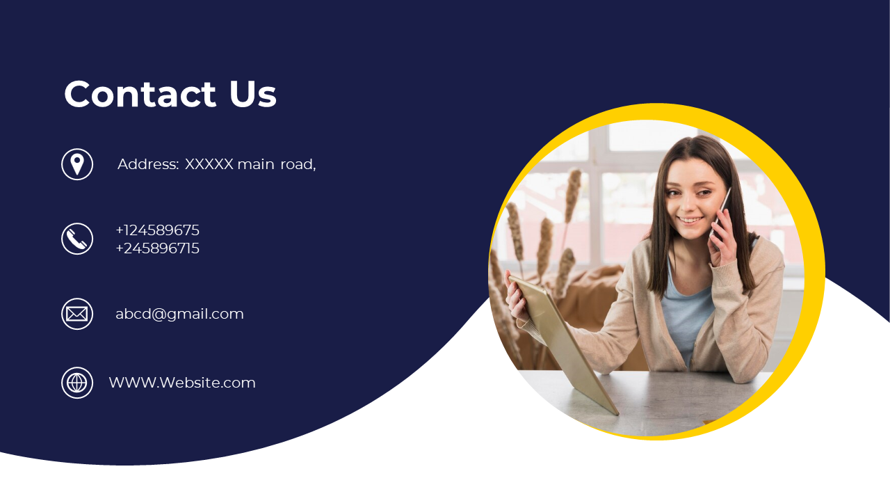 Slide with a portrait of a woman inside a yellow circle, and three icons for contact details against a dark blue background.