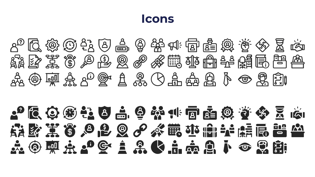 Collection of black icons in outlined and filled styles, showcasing professional and technology symbols on a white layout.