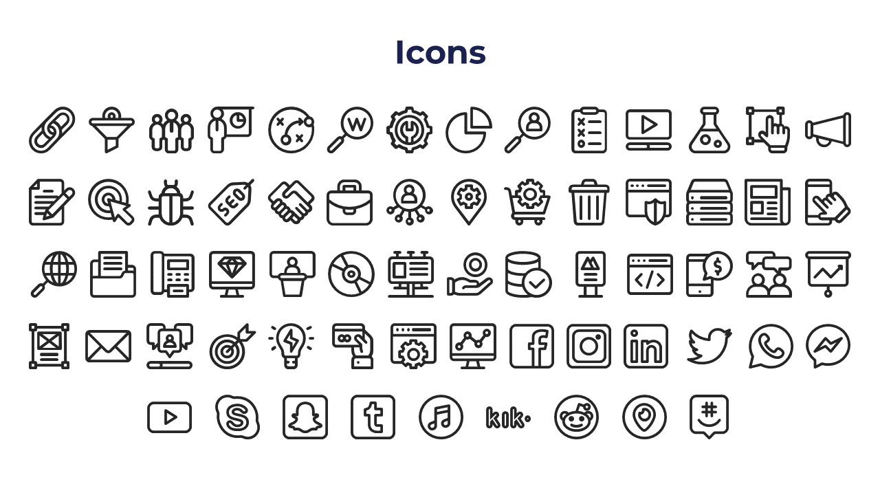 Grid layout showcasing numerous black and white icons representing technology, social media, and business tools.