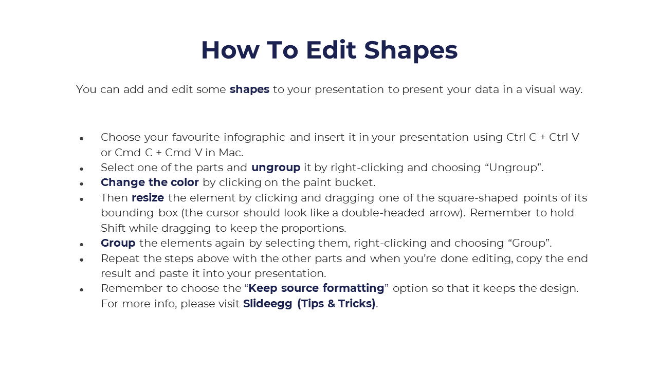 Informative slide with tips on resizing, grouping, and ungrouping shapes, displayed in structured blue and white text.