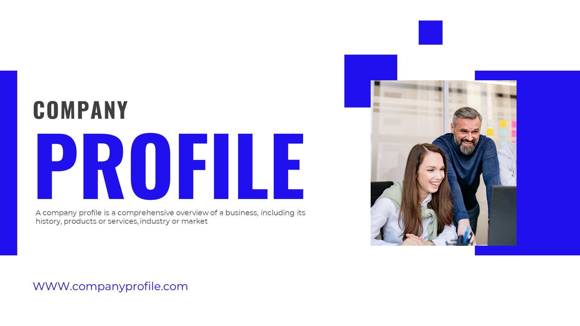Company profile slide with two professionals smiling while working at a laptop, with blue squares decorating the corners.