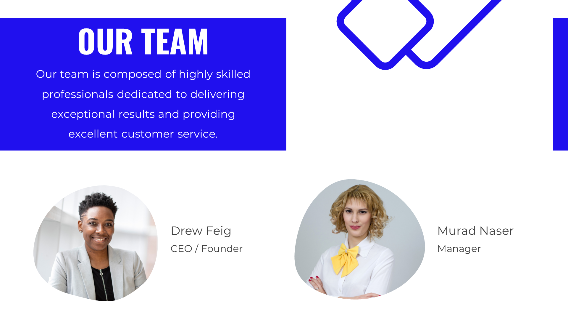 Slide with a white background, purple geometric shapes, and two circular portraits of team members in a professional layout.