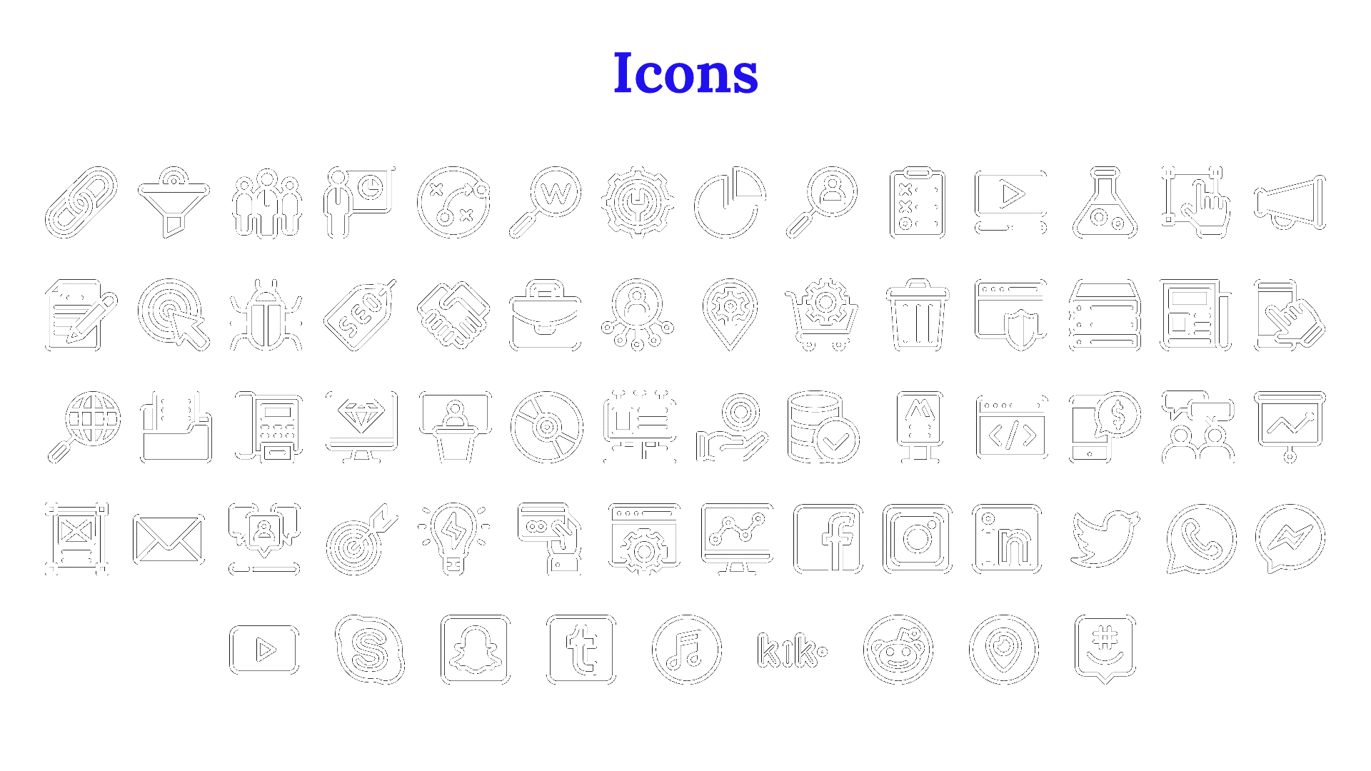 Slide showcasing a variety of black and white icons, including social media logos, business tools, and web related graphics.