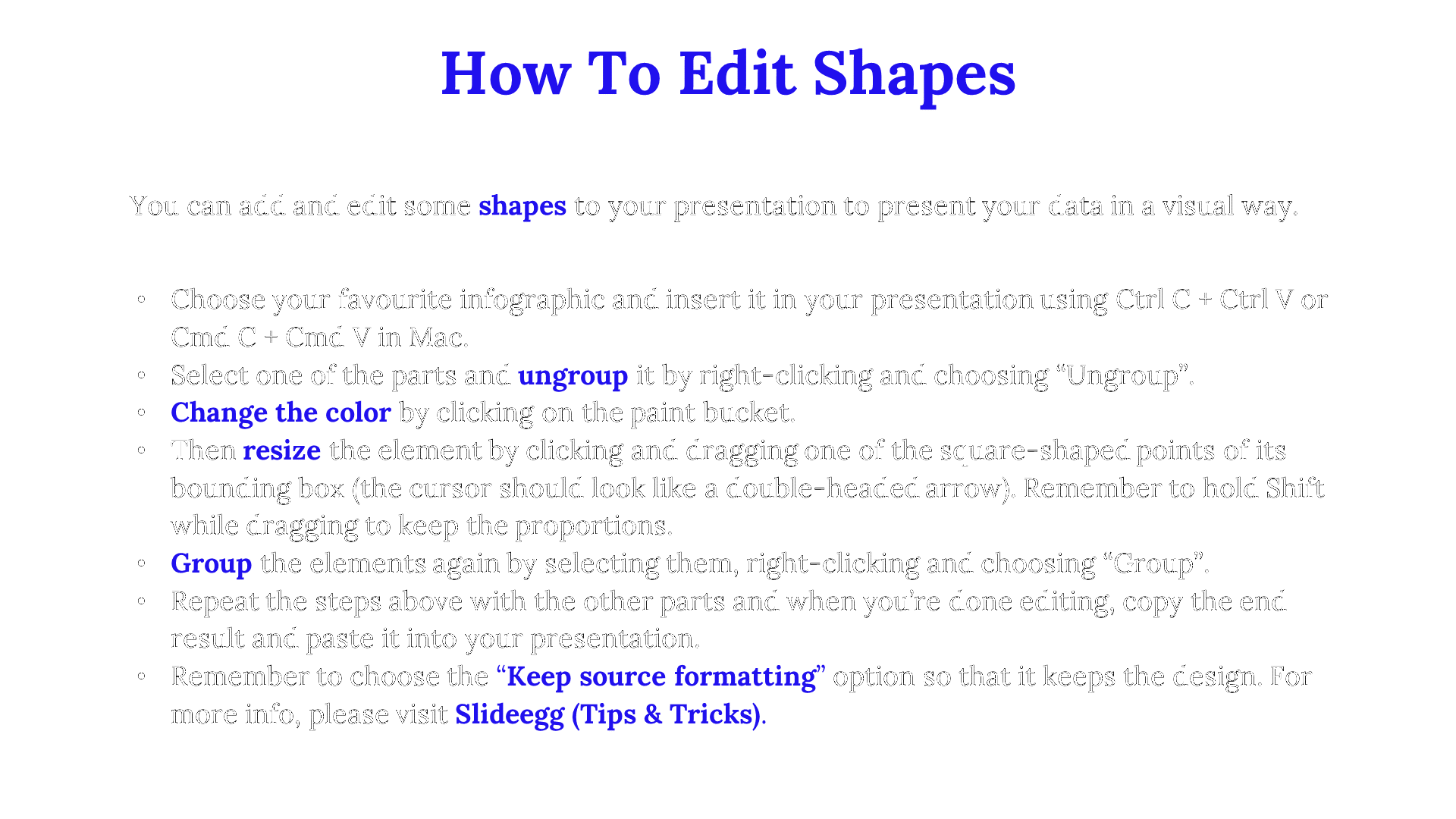 Slide with instructions on how to edit shapes, featuring a detailed step by step guide with purple headings.