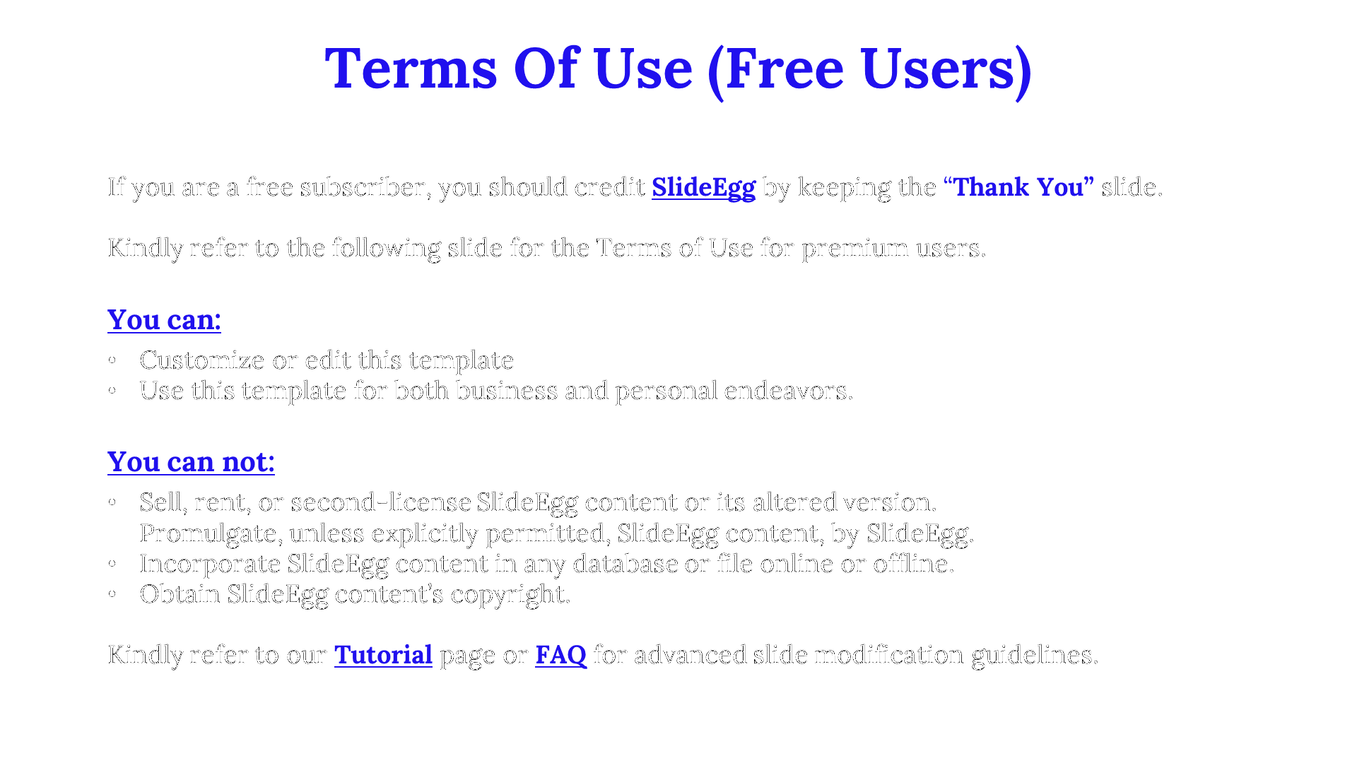 Slide outlining the terms of use for free users, detailing permissions and prohibitions related to the SlideEgg template.