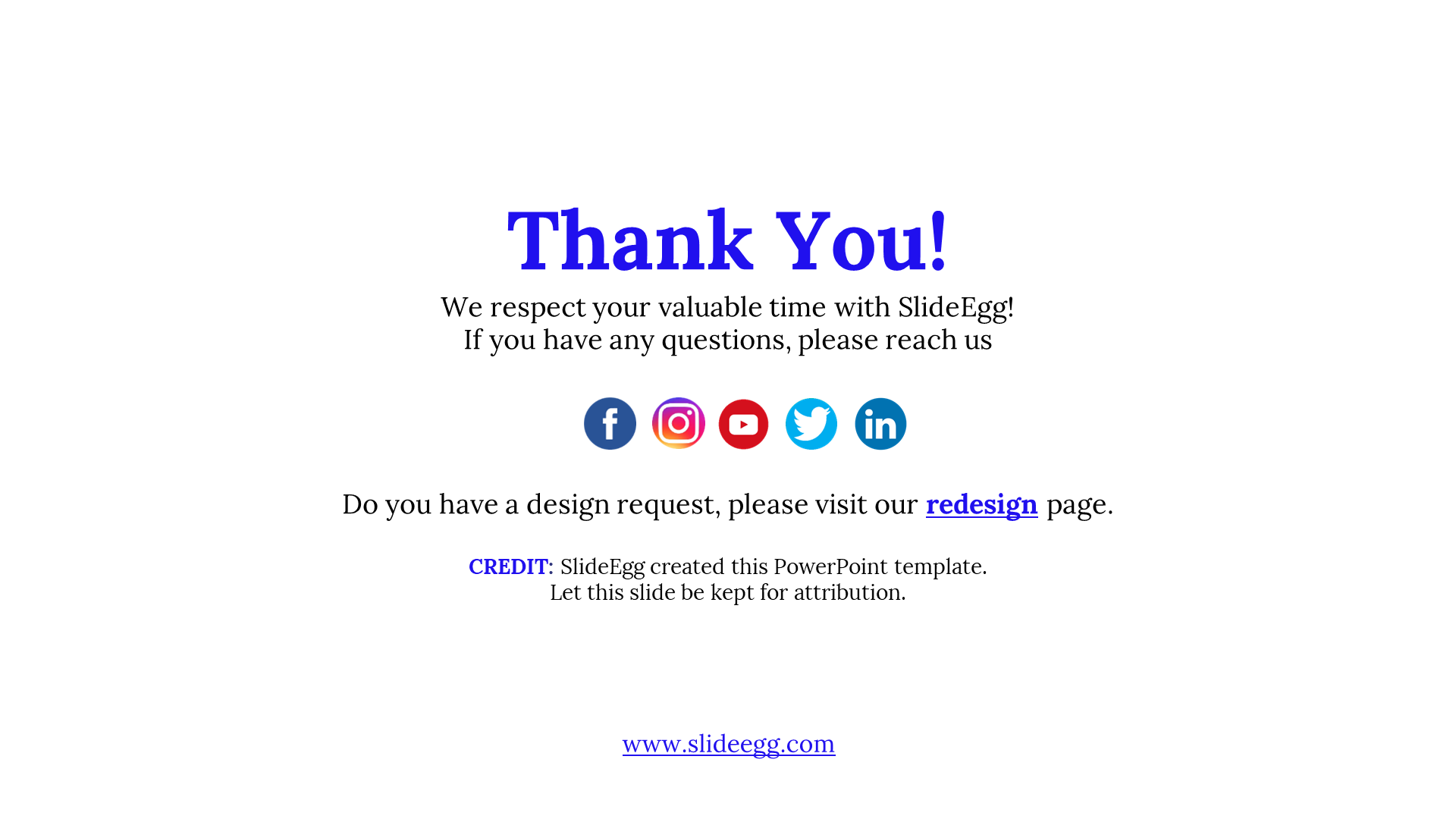 Thank you slide with social media icons, and a link to a redesign page, with blue and white color scheme.