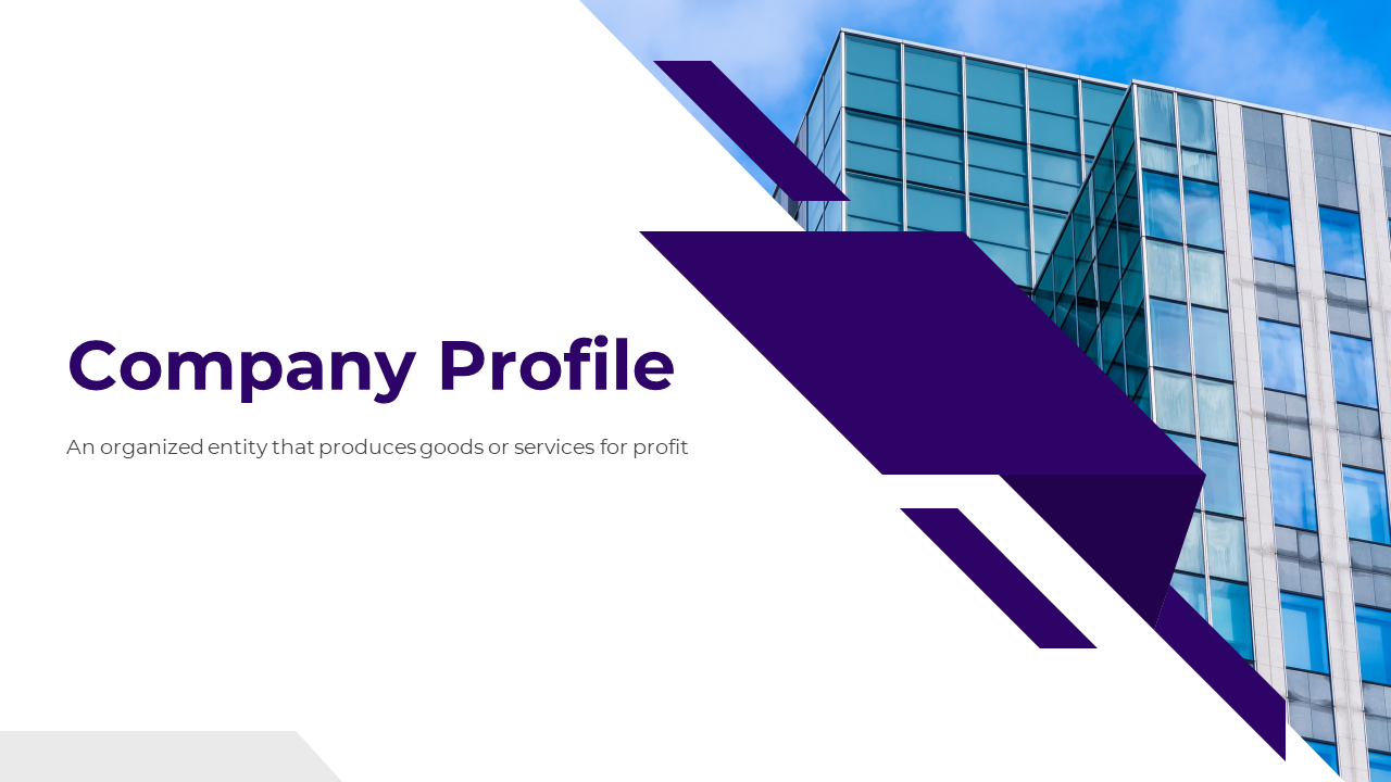 Modern slide with purple geometric accents, showing a city office building background and a description of a company profile.