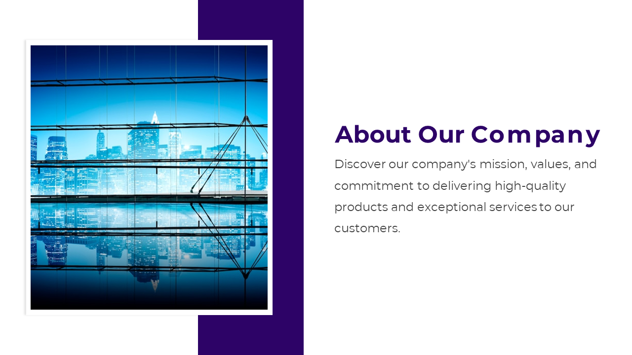 Slide about the company, showcasing a cityscape through glass windows and a description on the right.