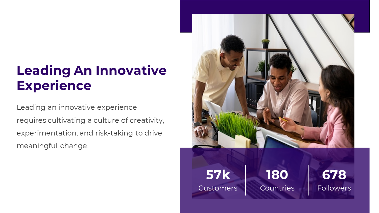 Slide with three purple blocks, displaying a team discussion photo and statistics with clear segmentation.