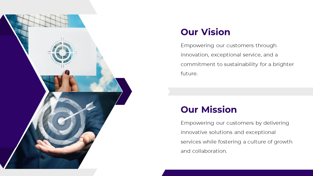 Slide detailing the company vision and mission, with images of a hand holding a paper and a digital target symbol.