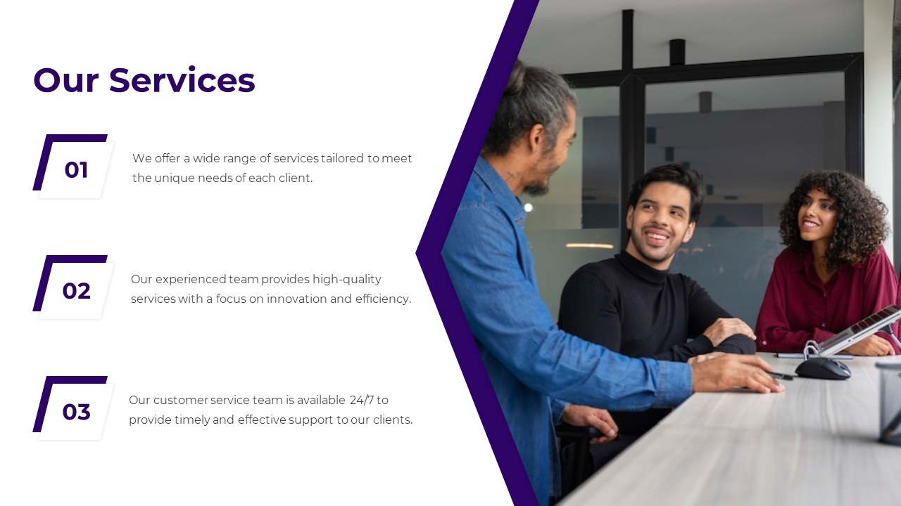 Services slide showcasing three numbered bullet points, paired with an image of professionals having a discussion.