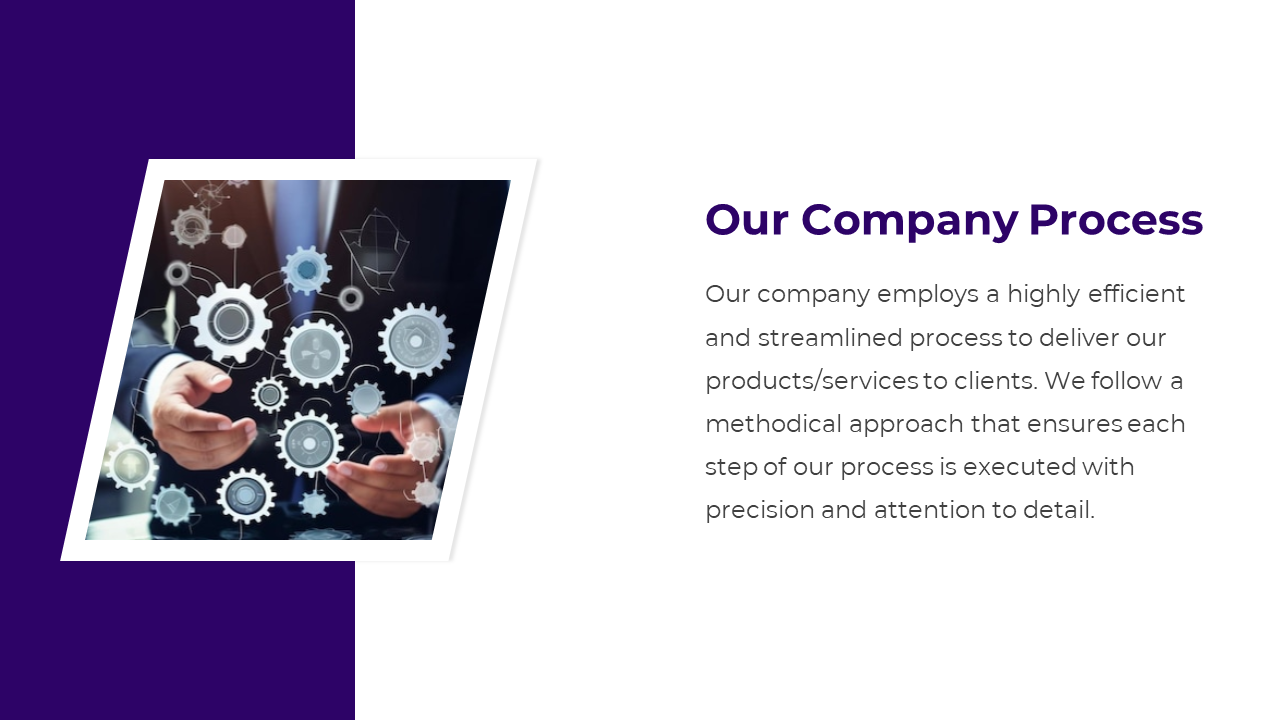 Slide showing the company process, featuring a photo of hands interacting with floating gears, and purple accents.