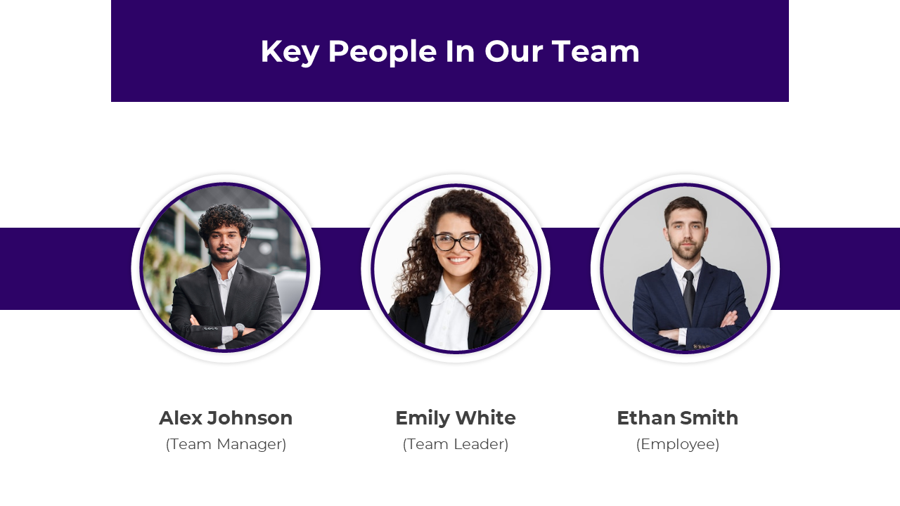 Slide showcasing three key team members with their names and roles, displayed alongside their circular portraits.