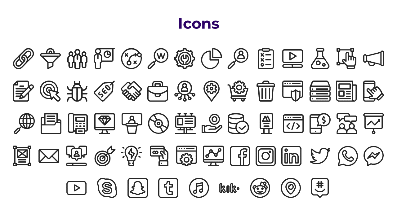 Series of black and white line icons, displayed in a grid format, showing different shapes and designs.