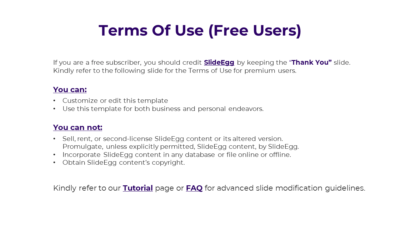 Terms of use slide for free users features organized text with purple headings and bullet points, on a white background.