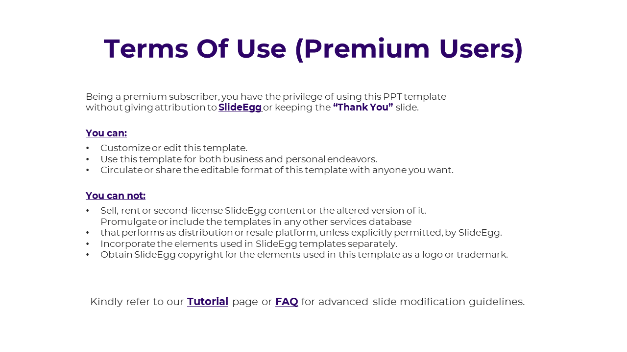 Terms of use slide for premium users slide layout with a purple heading and bullet points, on a light background.