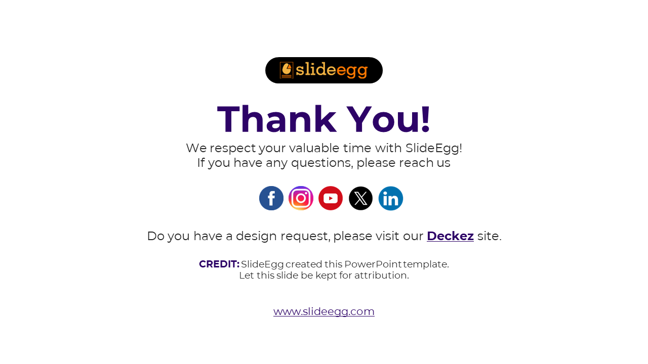 Thank you slide with icons for social media platforms and a link to the site for design requests at the bottom.
