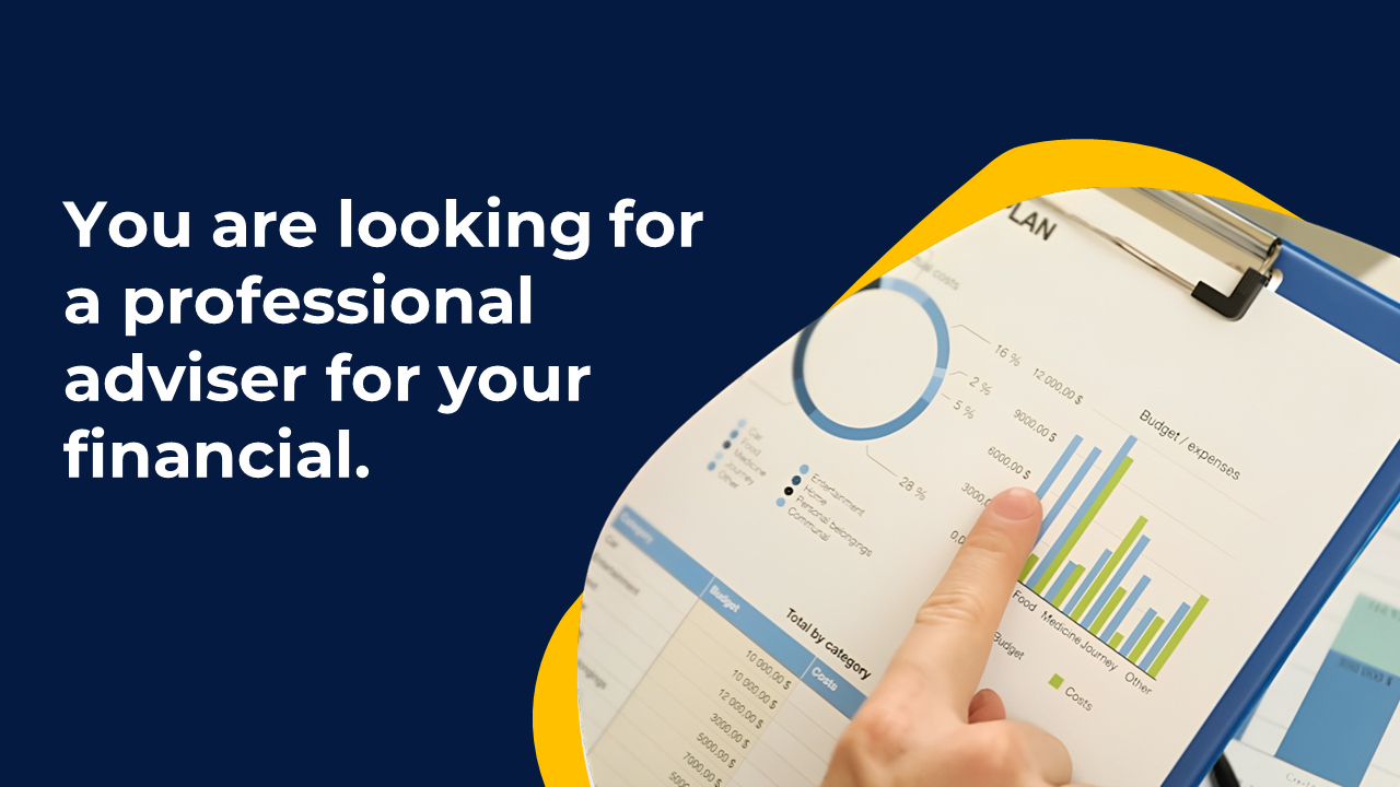 Slide with a financial budget report, including bar and pie charts, and a caption about seeking a professional adviser.