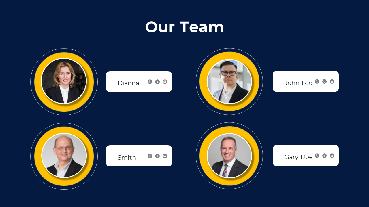 Team members' photos are displayed in a grid with names Dianna, John Lee, Smith, and Gary Doe, along with social media icons.